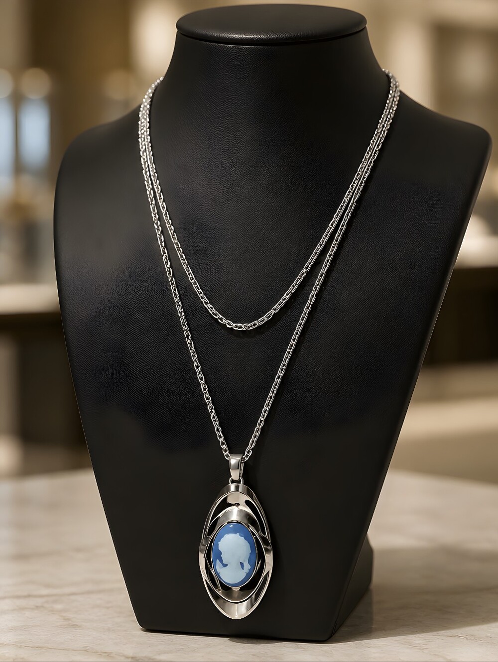 Silver Blue Cameo Pendant Necklace - Women's Jewelry